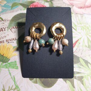 Gold Tone Hoop Earrings Bead Pearl Peach Teal Dangle Accents Vintage Costume